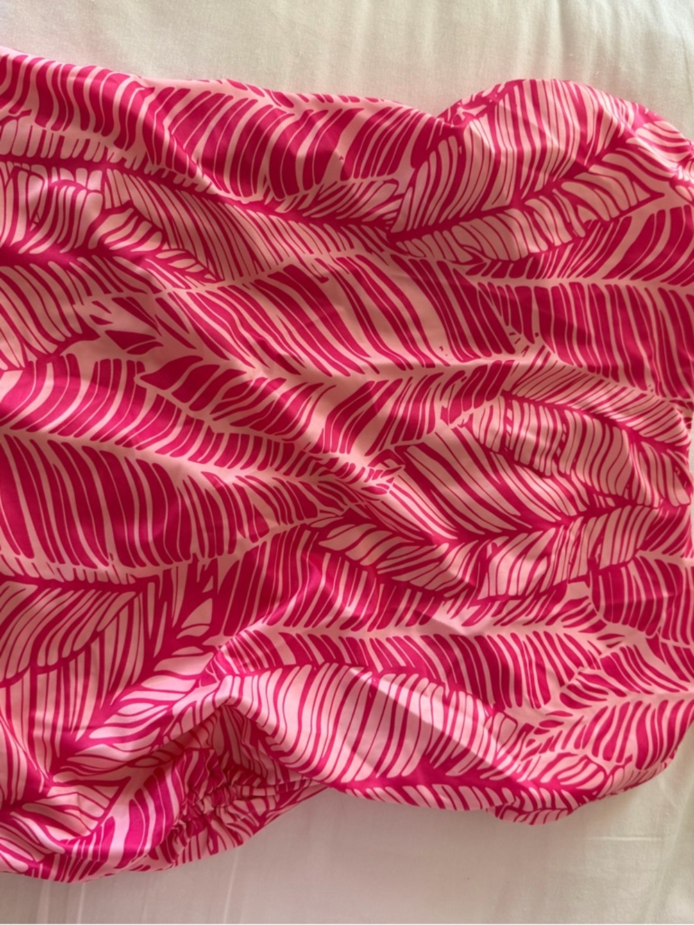 Bright Pink Leaf Print Strapless Dress